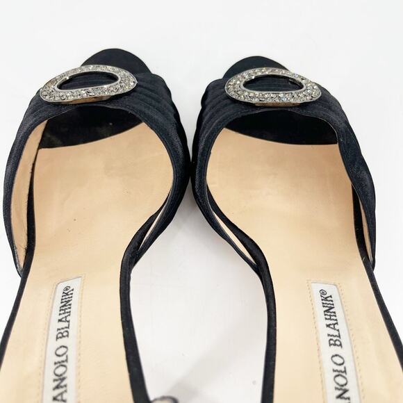 Manolo Blahnik y2k Black Satin Sedaraby Crystal D’Orsay Peep Toe Heels IT 41 - Picture 11 of 14